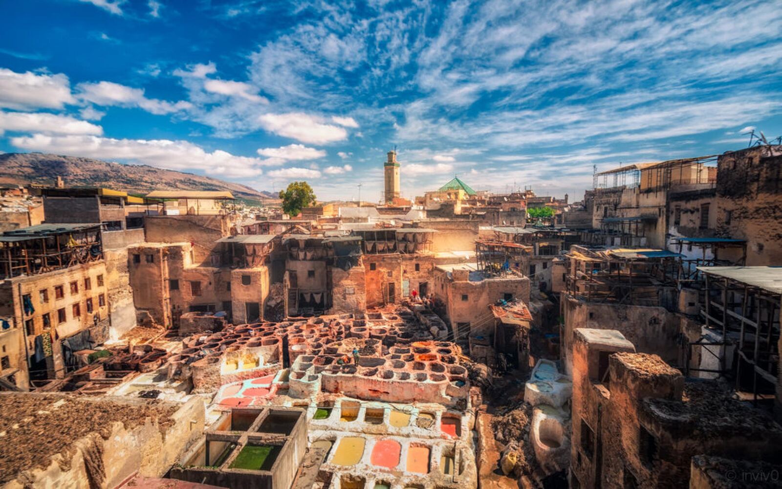 Vue panoramique de l'ancienne médina de Fès et tannerie