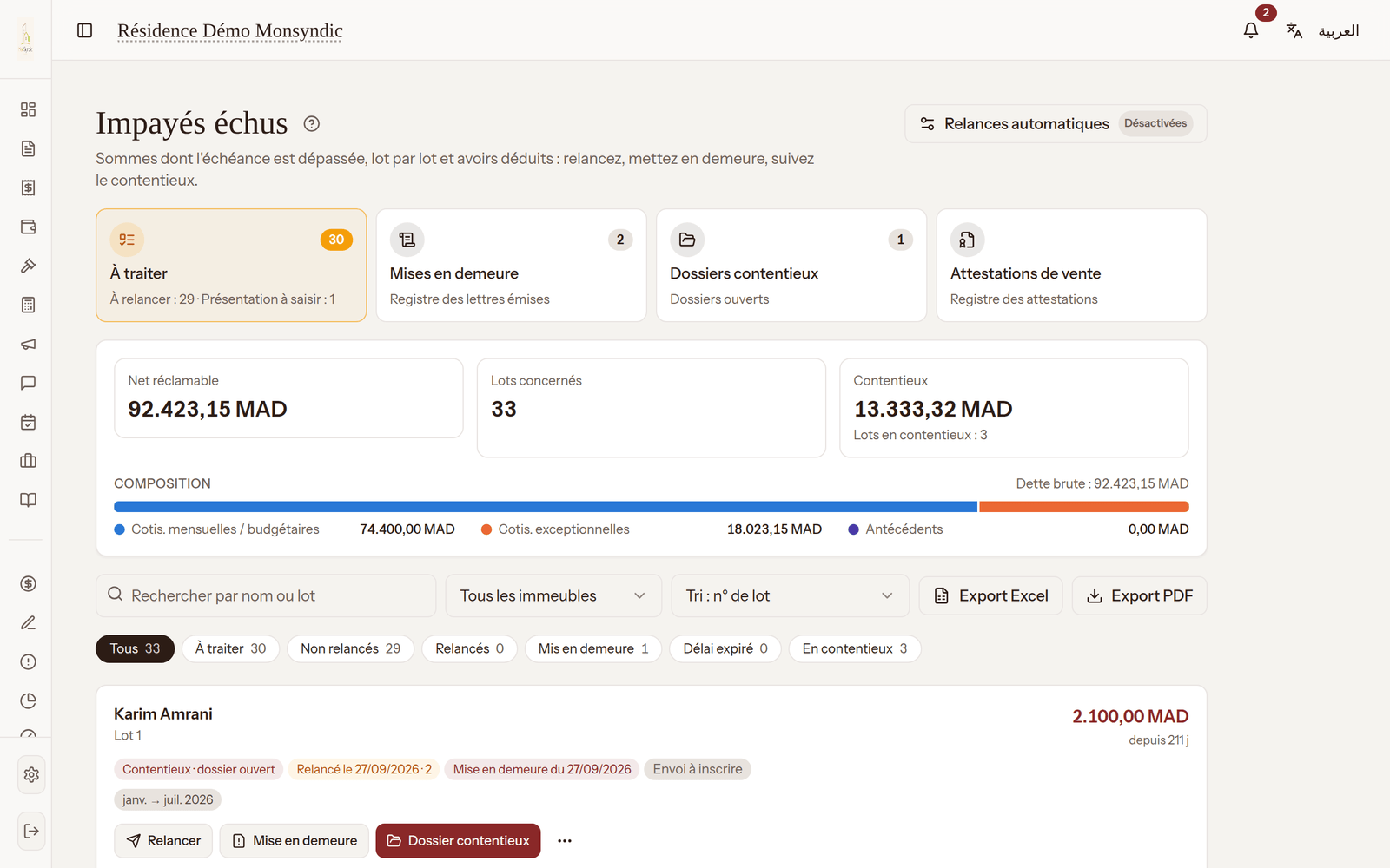 Impayés échus, relances et dossiers contentieux dans MonSyndic